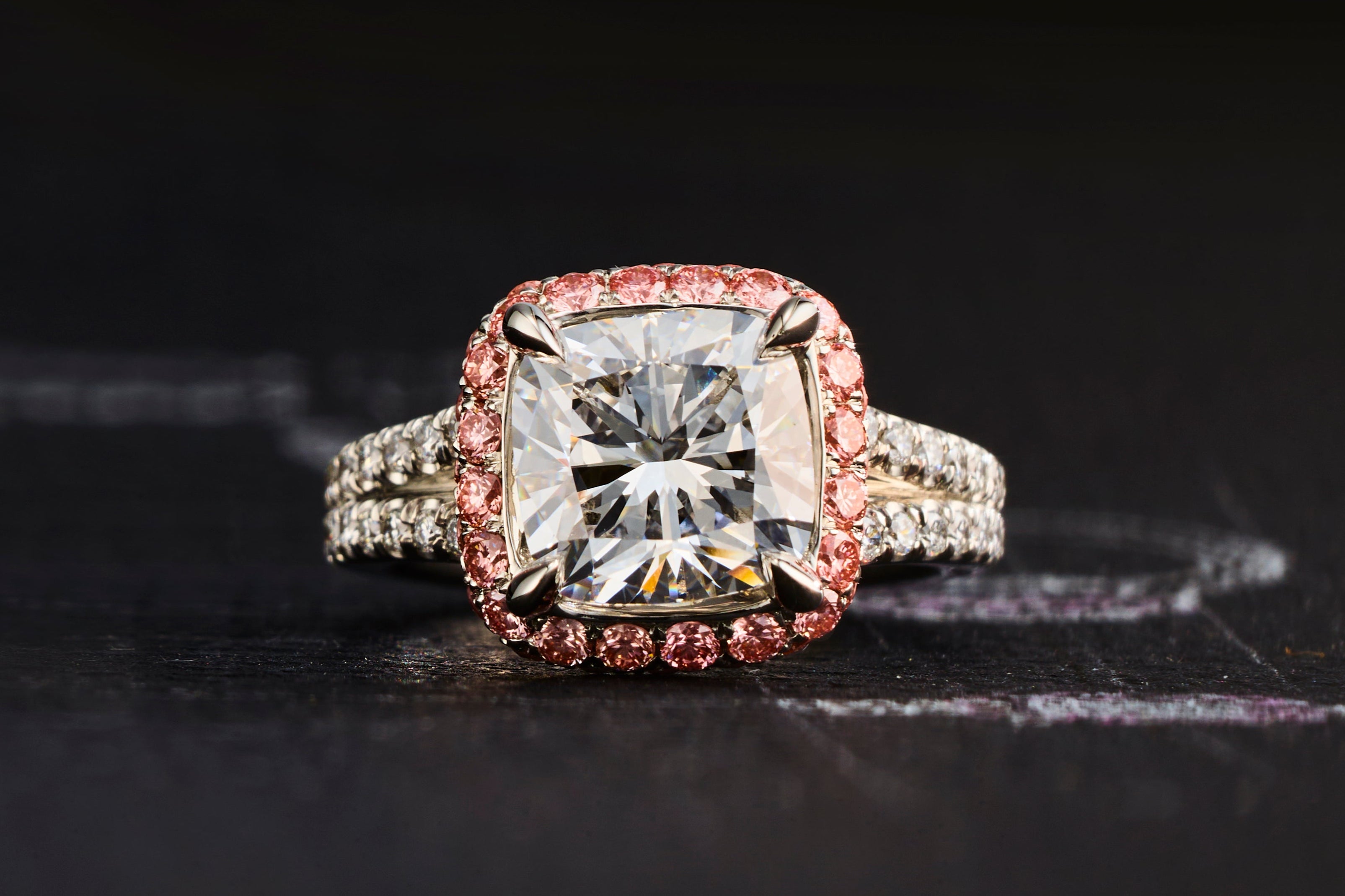 One-of-a-Kind Cushion Cut Diamond Ring with Double Pink Diamond Halo