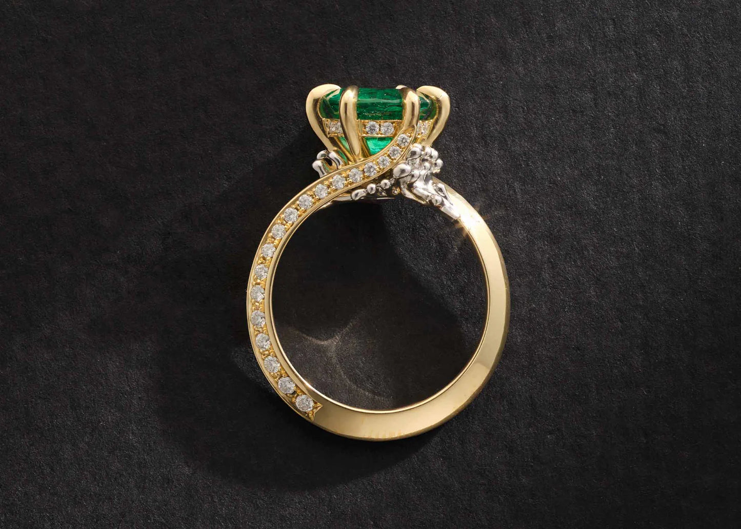 One-of-a-Kind Round Emerald ring with Waterfall Detail