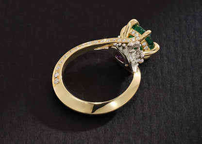 One-of-a-Kind Round Emerald ring with Waterfall Detail