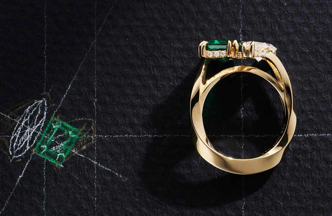 One-of-a-Kind Marquis Diamond and Emerald Ring with Diamond Hidden Halo