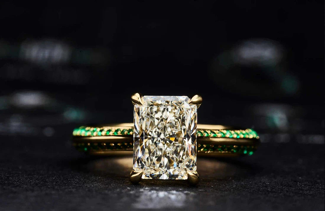 One-of-a-Kind Radiant Diamond Ring with Emerald Pavé