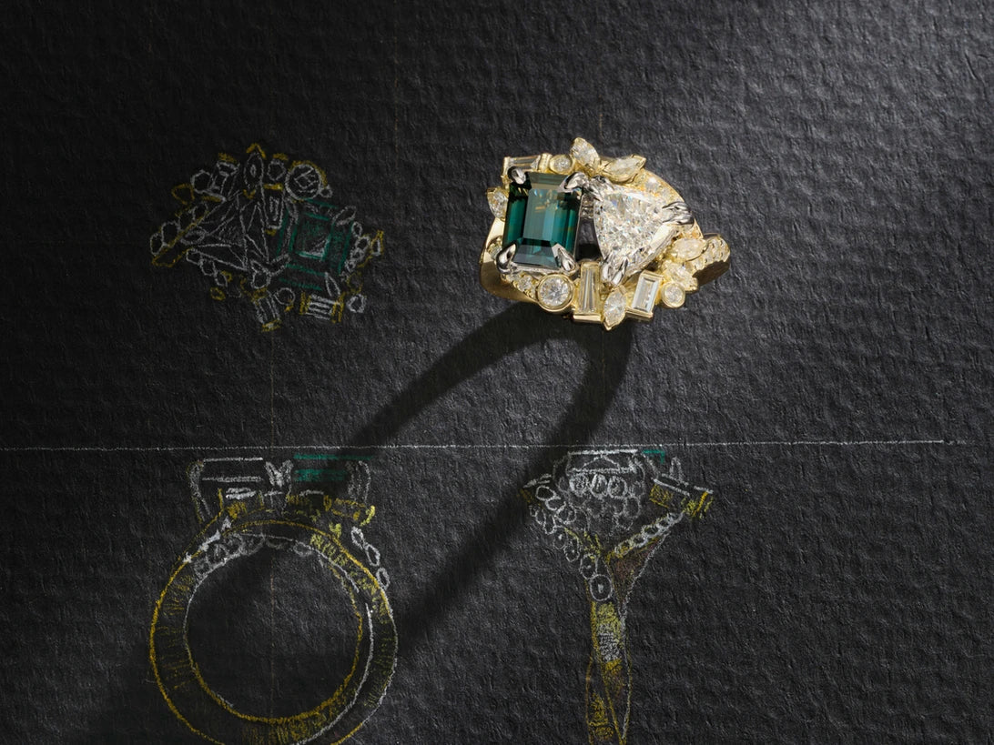 One-of-a-Kind Green Sapphire and Trillion Diamond Ring with Champagne Detail