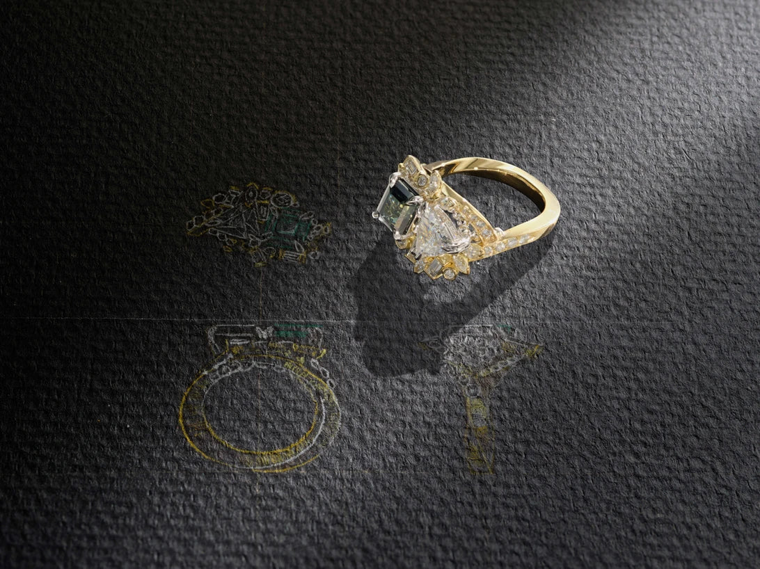 One-of-a-Kind Green Sapphire and Trillion Diamond Ring with Champagne Detail