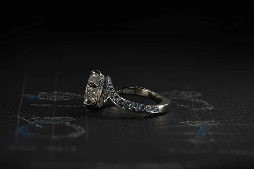 One-of-a-Kind Round Diamond Ring with White and Blue Diamond Pavé