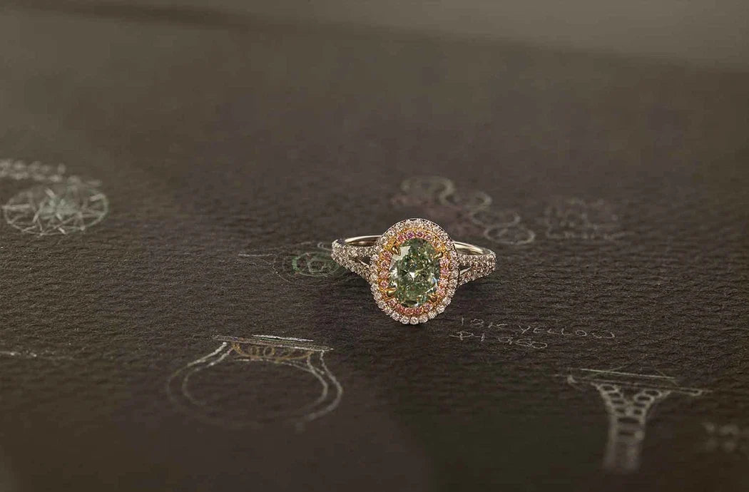 One-of-a-Kind Green Diamond with White and Pink Diamond Halo