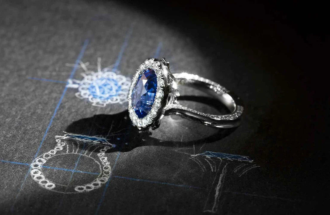 One-of-a-Kind Blue Sapphire Ring with Diamond Halo