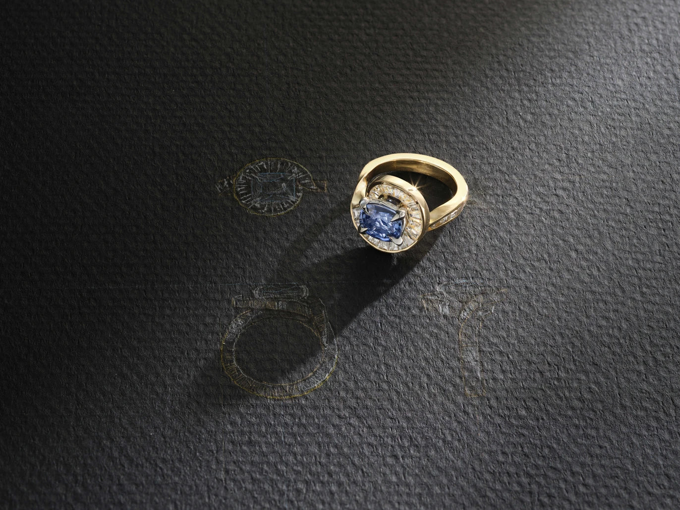 One-of-a-Kind Blue Sapphire Ring with Diamond Baguette Halo and Channel