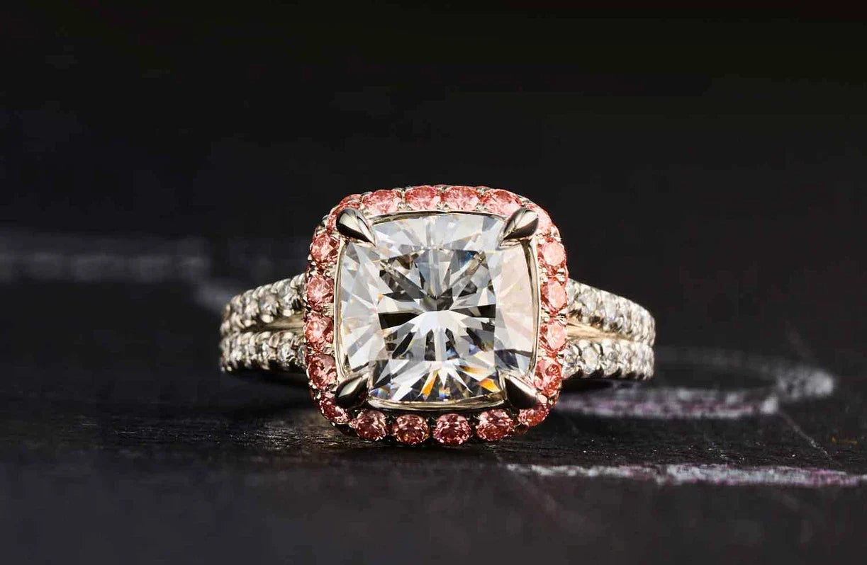 One-of-a-Kind Cushion Diamond Ring with Pink Diamond Pavé